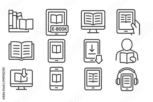 Modern vector illustration of e-book reading and digital literature activities showcasing various devices and formats