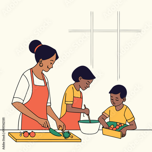 a family cooking together in a kitchen