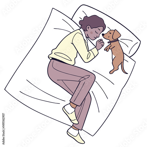 a person sleeping with a pet on bed