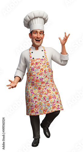 Cheerful chef gesturing colorful apron