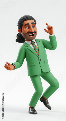 Cheerful character in a green suit dancing