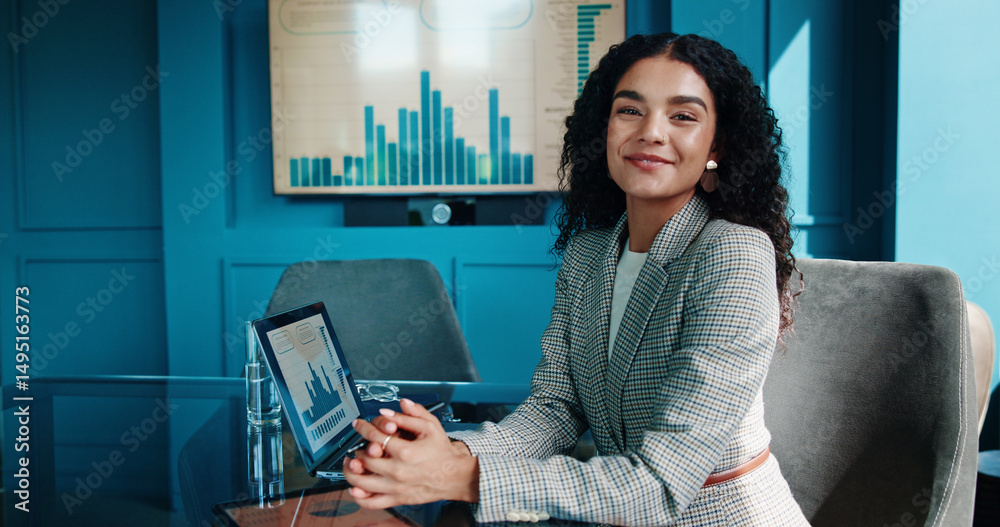 custom made wallpaper toronto digitalPortrait, smile and business woman with laptop for finance, investment metrics and data with actuary. Computer, corporate professional and happy employee in office with confidence as risk analyst
