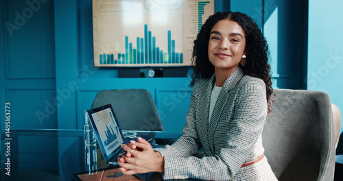 Wallpaper Mural Portrait, smile and business woman with laptop for finance, investment metrics and data with actuary. Computer, corporate professional and happy employee in office with confidence as risk analyst Torontodigital.ca