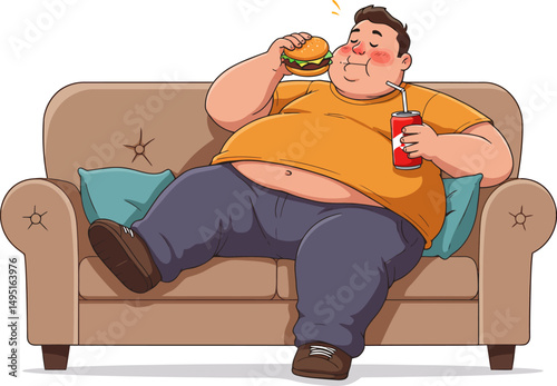 Unhealthy Eating Habits A Cartoon Depiction of Overweight Man Indulging in Fast Food on a Couch