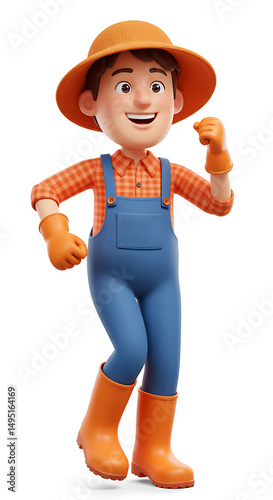 Cheerful farmer gleefully heads into the fields