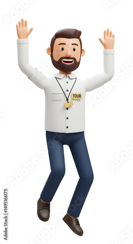 Cheerful tour guide jumping with enthusiasm