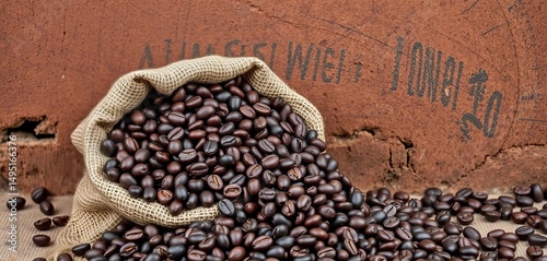 A burlap sack overflowing with dark roasted coffee beans rests against a weathered brown wall, aged, aroma