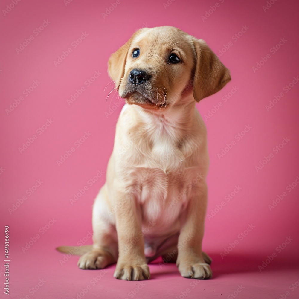 Fototapeta premium Adorable Golden Retriever Puppy on Pink Background