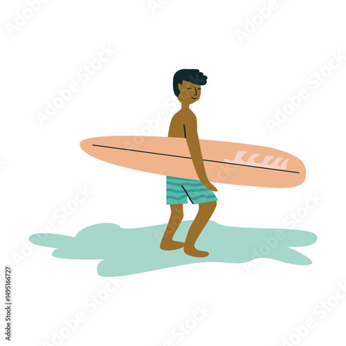 Young african male adult holding surfboard in swim shorts.