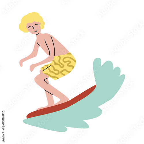 Young caucasian male surfing on wave with blonde hair cartoon illustration.