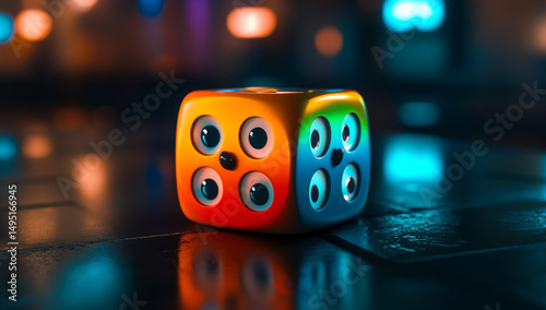 Colorful 3D die with cartoon eyes on each face, dark blurred background — playful, vibrant, detailed, 3D cube, eye-catching, quirky