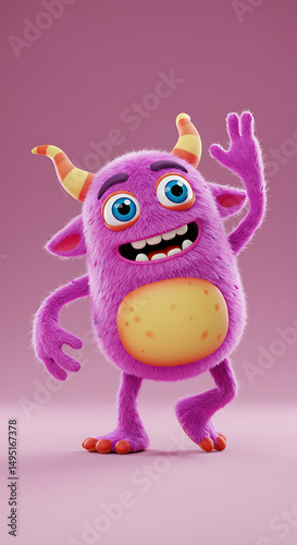 Cheerful purple furry monster waving hello