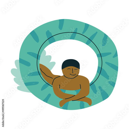 Young male enjoying relaxing swim with inflatable tube.