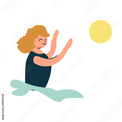Joyful child with curly hair reaching for the sun in minimalist art illustration.