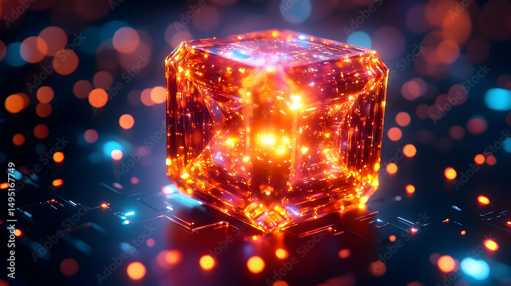 Glowing orange cube with an intricate lattice structure atop a circuit board against blurred bokeh lights Glowing orange cube with an intricate lattice structure atop a circuit board against blurred bokeh lights