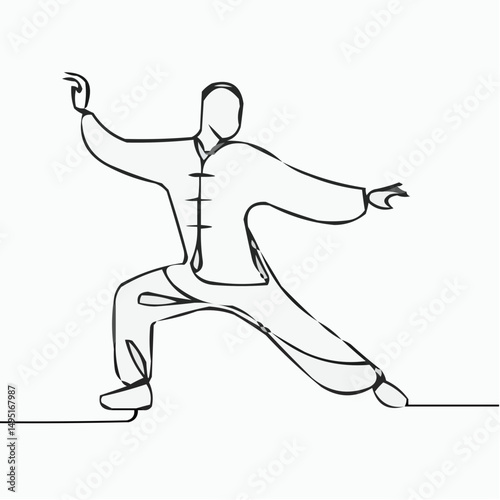 Tai-chi figure practicing martial art in minimalist line art style  