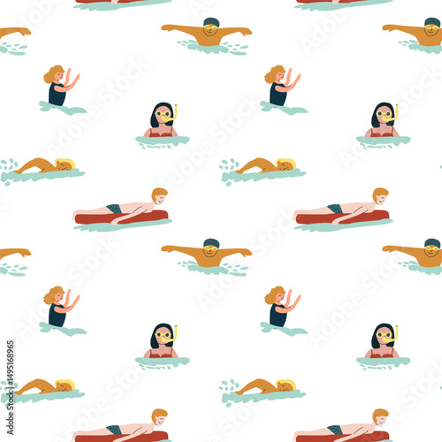 Seamless pattern of diverse people swimming on white background.