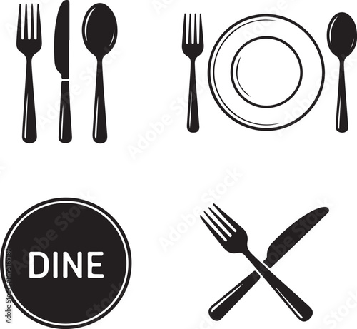 Plate, fork, spoon and knife icons.