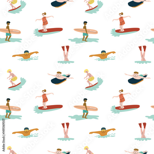 Colorful pattern of diverse surfers and swimmers on white background.