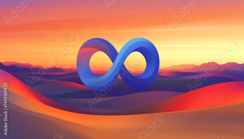 The colorful Infinity logo in a serene desert sunset scene — abstract, geometric, warm tones.