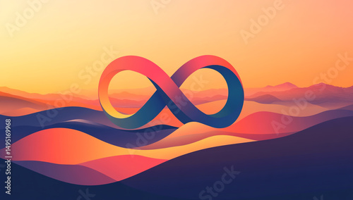 The colorful Infinity logo in a serene desert sunset scene — abstract, geometric, warm tones.