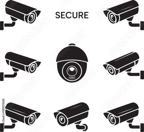 Vector black security camera icon set. Security Camera Icon Object, Security Camera Icon Picture, Security Camera Icon