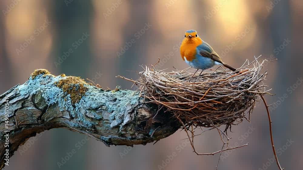 Robin perched on nest in tree