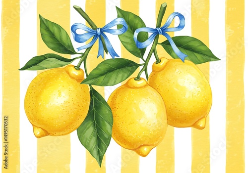 Watercolor lemons with blue ribbons on striped background, illustration