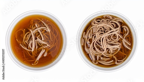 Soba noodles in cold broth isolated on white background with full depth of field for Japanese summer or healthy food concept
