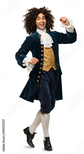 Energetic man in period garb celebrates