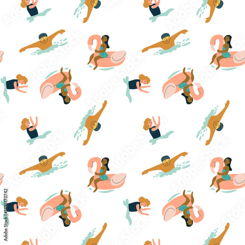 Diverse swimmers and pool floats pattern with kids swimming fun.