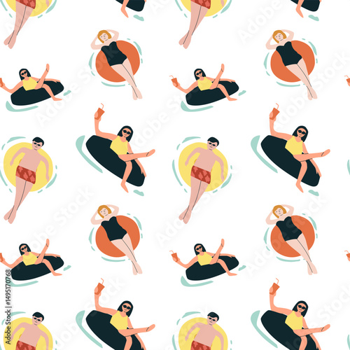 Seamless pattern of diverse women and men relaxing on pool floats in swimsuits.