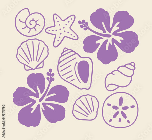 Tropical Seashell and Hibiscus Flower Clipart in Purple – Coastal Summer Vector Design Featuring Starfish, Sand Dollar, and Ocean Elements Perfect for Crafts, Beach Decor, Sublimation or Digital Art