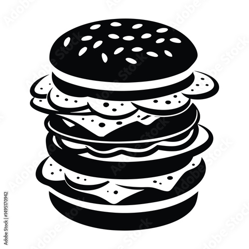 A black and white drawing of a hamburger and other food vector graphics