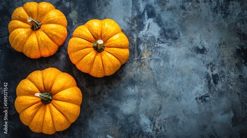 Autumnal Still Life: Three Mini Pumpkins on a Rustic Background