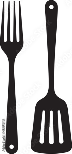 Spatula and fork icon. BBQ and grill tools. Barbecue utensil. Vector illustration.