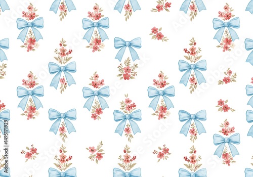 Watercolor pattern with light blue bows and small pink flowers on a white background