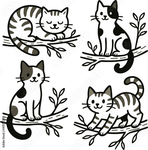 Adorable hand-drawn vector illustration of four cartoon cats sitting and relaxing on tree branches. Each cat has a unique pose and expression, surrounded by simple foliage. 