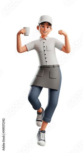 Exuberant worker flaunts drink striking pose