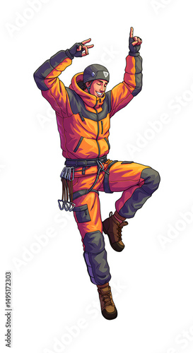 Exuberant climber victorious upon reaching peak