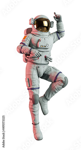 Floating astronaut points gleaming helmet