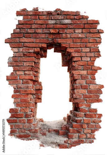 Damaged brick wall with a large opening.  Crumbling bricks surround a  gaping hole