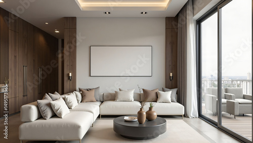 Minimalist living room with clean lines and neutral tones, embodying modern simplicity and serene elegance.
