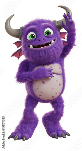 Friendly purple monster waving hello