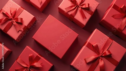 Elegant red ribbon tied gift boxes, gold accents, background, vintage, illustration