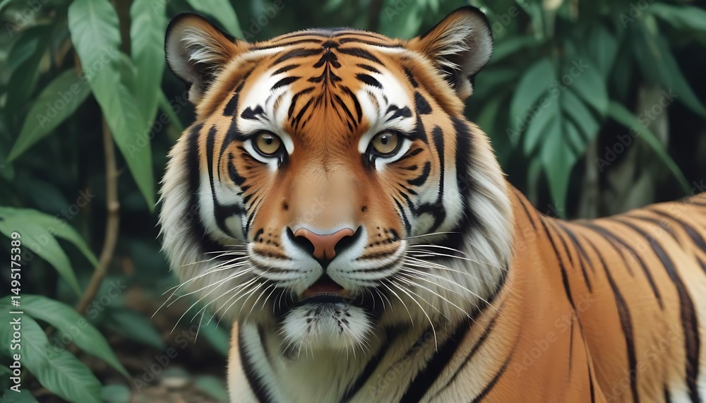 Fototapeta premium Majestic Tiger Portrait in Lush Jungle Environment, Intense Gaze