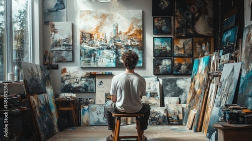 Artist in studio surrounded by art
