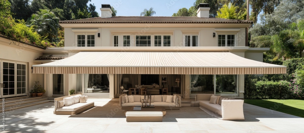 Fototapeta premium Luxury Home Exterior with Retractable Awning and Patio Furniture