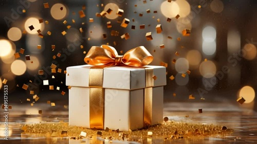 Present box on the background from bokeh and lights, decorations and concept of event