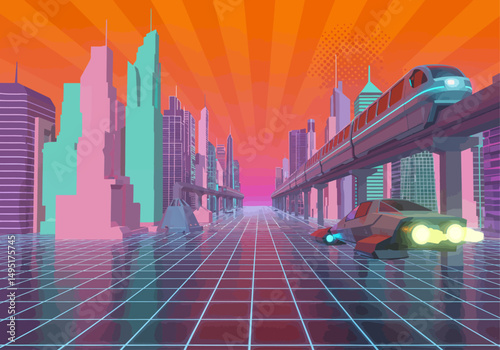 Vibrant Mid-Century Sci-Fi Cityscape with Hovercar, Chrome Monorails, and Retro-Futuristic Neon Grid in Vector Style